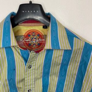 Robert Graham Mens Striped Button Down Shirt Blue Green Woodgrain Pattern Size M